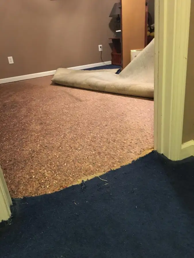 Carpet pad removal revealing water damage during Water Mitigation Services in Snyderville